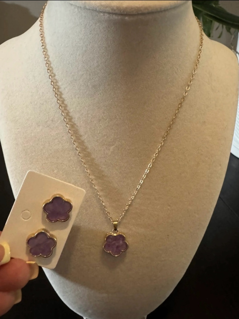 Purple Flower Pendant Necklace and Stud Earrings Set - Gold Trim
